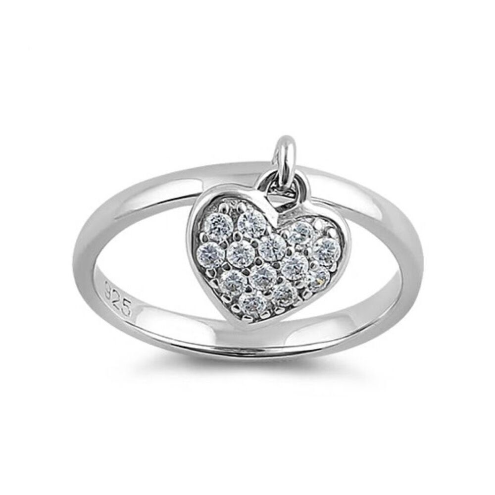 Sterling Silver Dangling Heart Cz Ring New